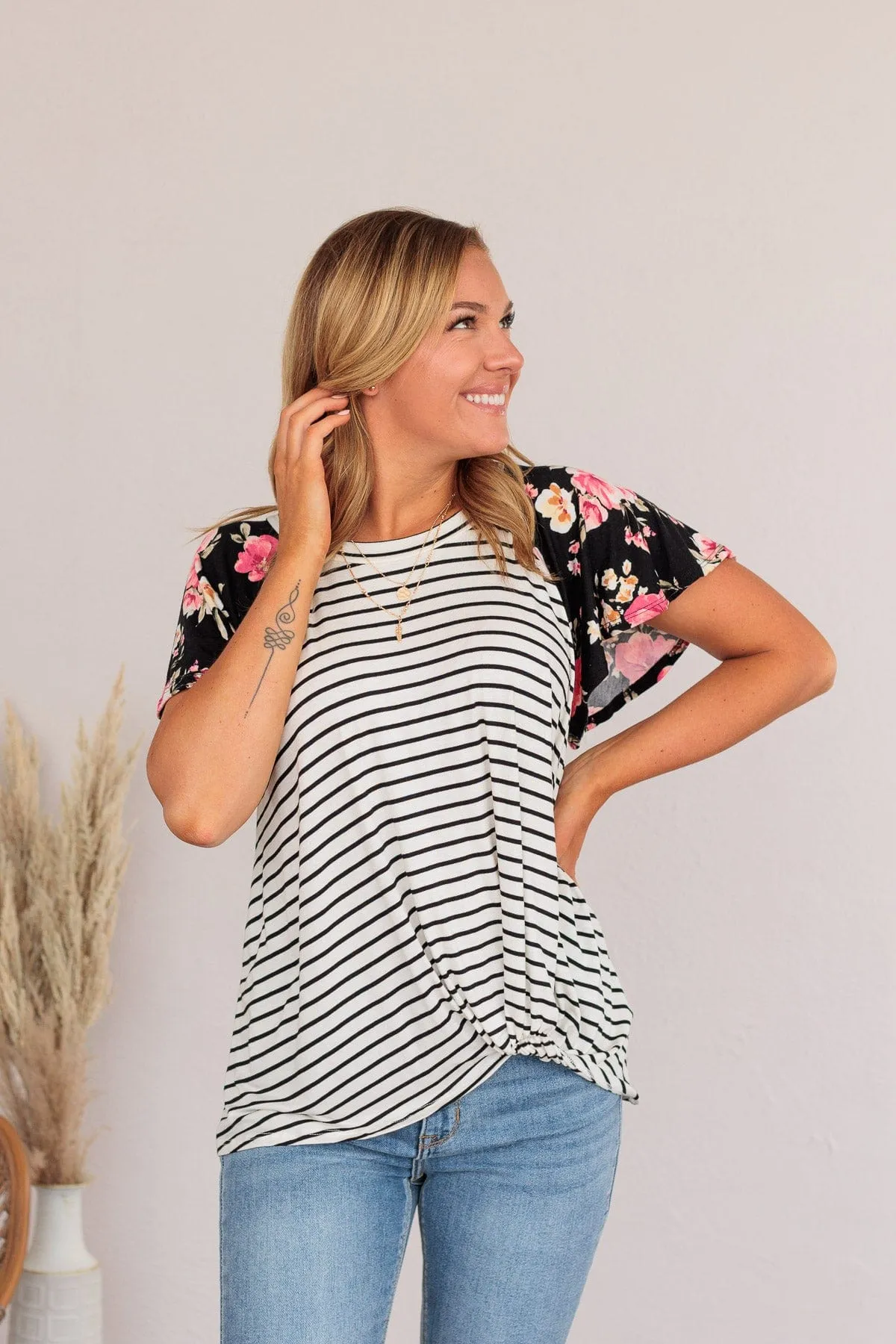 Complete The Look Striped Floral Top- Black
