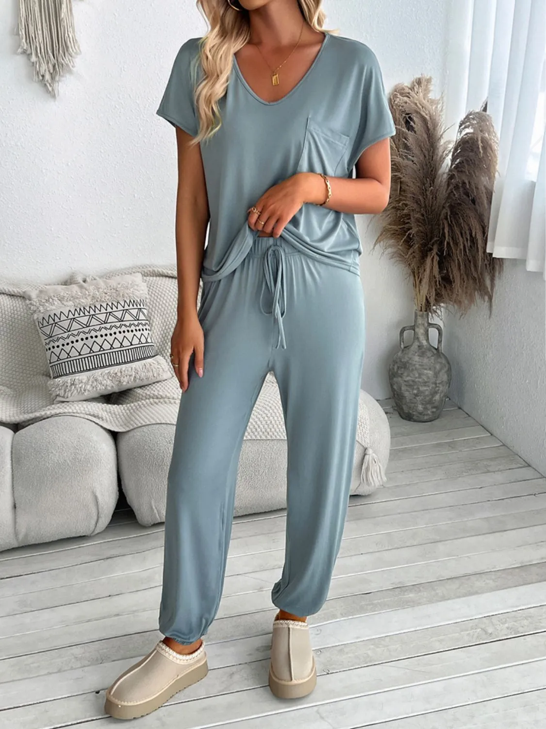 Hazel Blues® |  Devine V-Neck Short Sleeve Top and Pants Set
