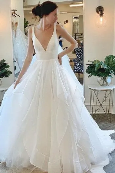 Modern Deep V neck Sleeveless White Tulle Wedding Dresses with Ruffless