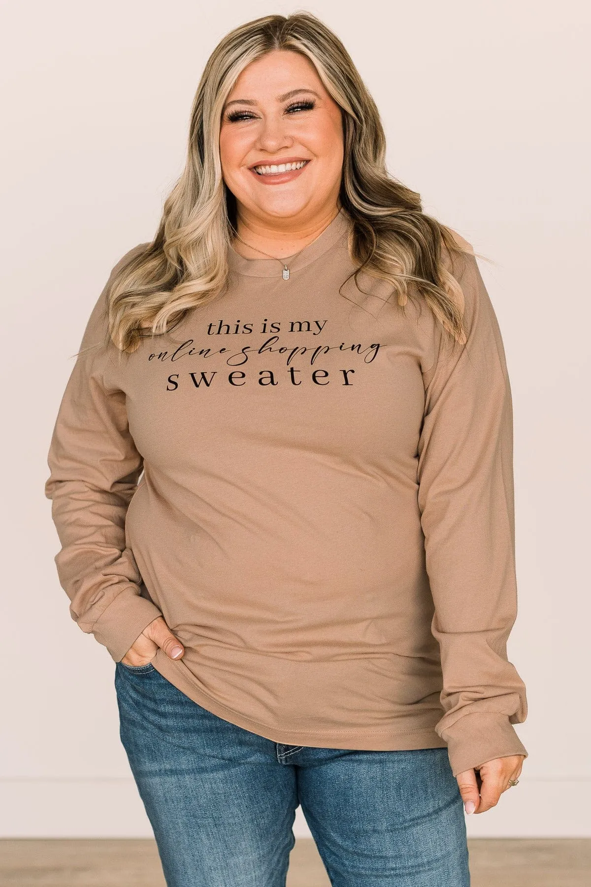 "This Is My Online Shopping Sweater" Graphic Top- Tan
